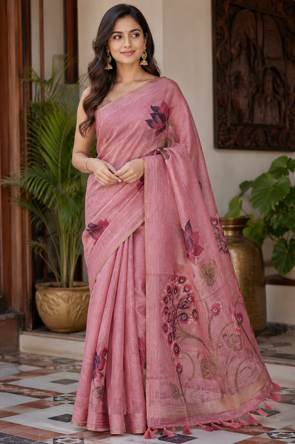 Padma Grace Premium Linen Silk Saree | Luxury Floral Saree Australia