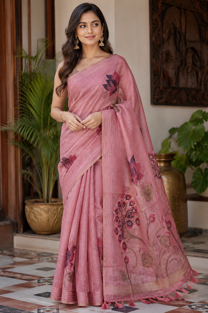 Padma Grace Premium Linen Silk Saree | Luxury Floral Saree Australia
