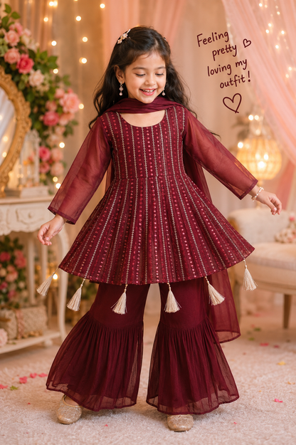 Luxury Girls' Faux Georgette Sharara Set with Mirror Embellishments – The Himalayan Boutique Australia