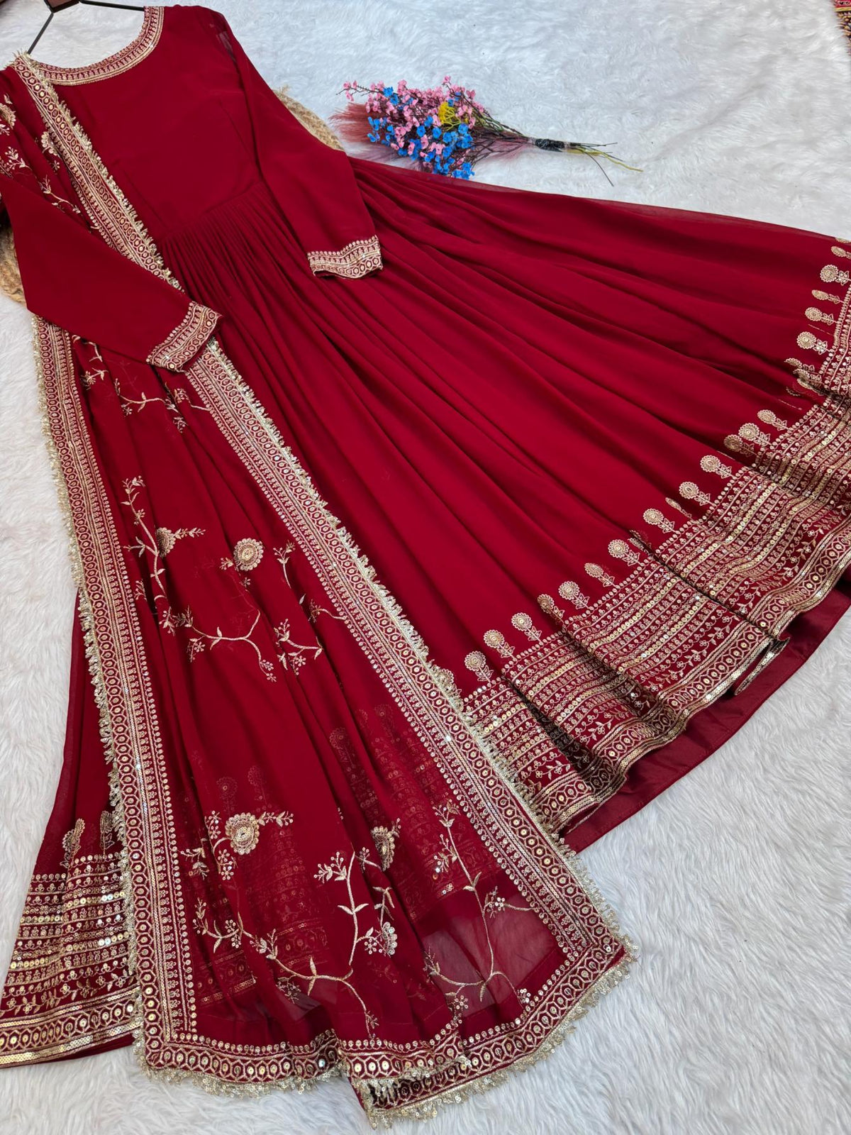 Embroidered Faux Blooming Anarkali Gown with Dupatta