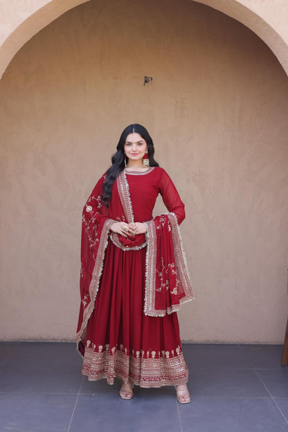 Embroidered Faux Blooming Anarkali Gown with Dupatta