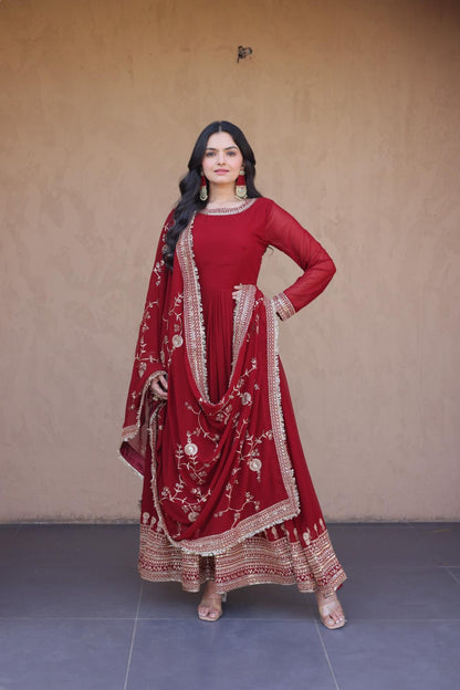 Embroidered Faux Blooming Anarkali Gown with Dupatta