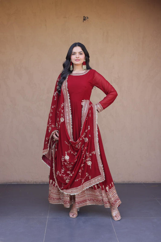 Embroidered Faux Blooming Anarkali Gown with Dupatta