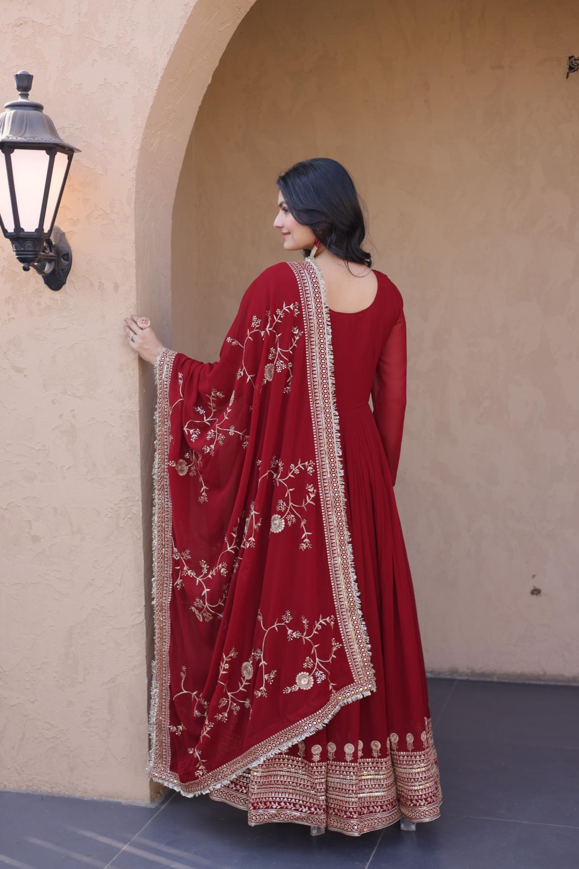 Embroidered Faux Blooming Anarkali Gown with Dupatta