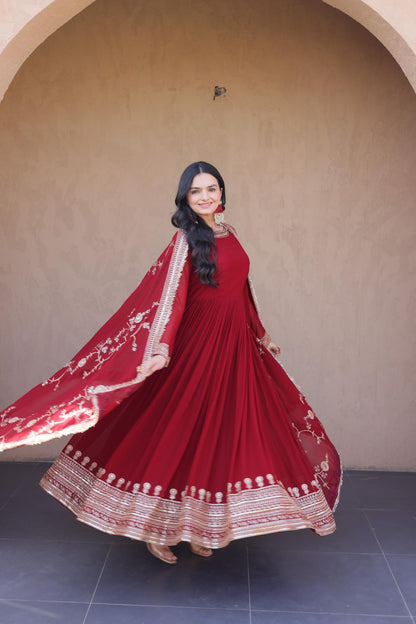 Embroidered Faux Blooming Anarkali Gown with Dupatta