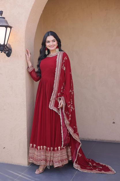 Embroidered Faux Blooming Anarkali Gown with Dupatta