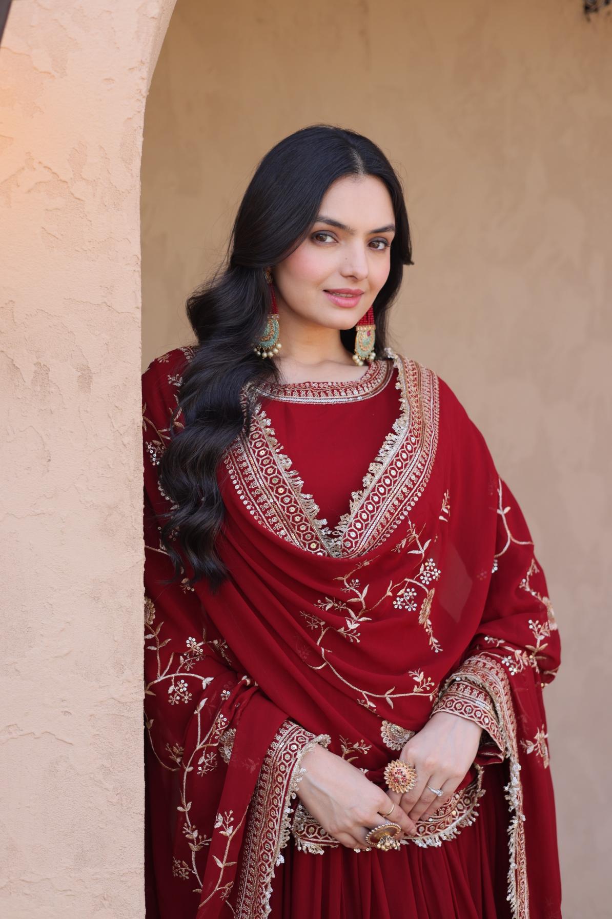 Embroidered Faux Blooming Anarkali Gown with Dupatta
