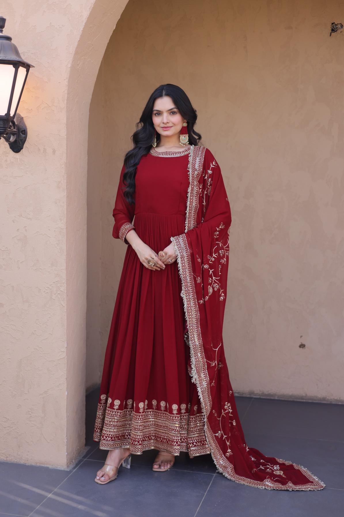 Embroidered Faux Blooming Anarkali Gown with Dupatta