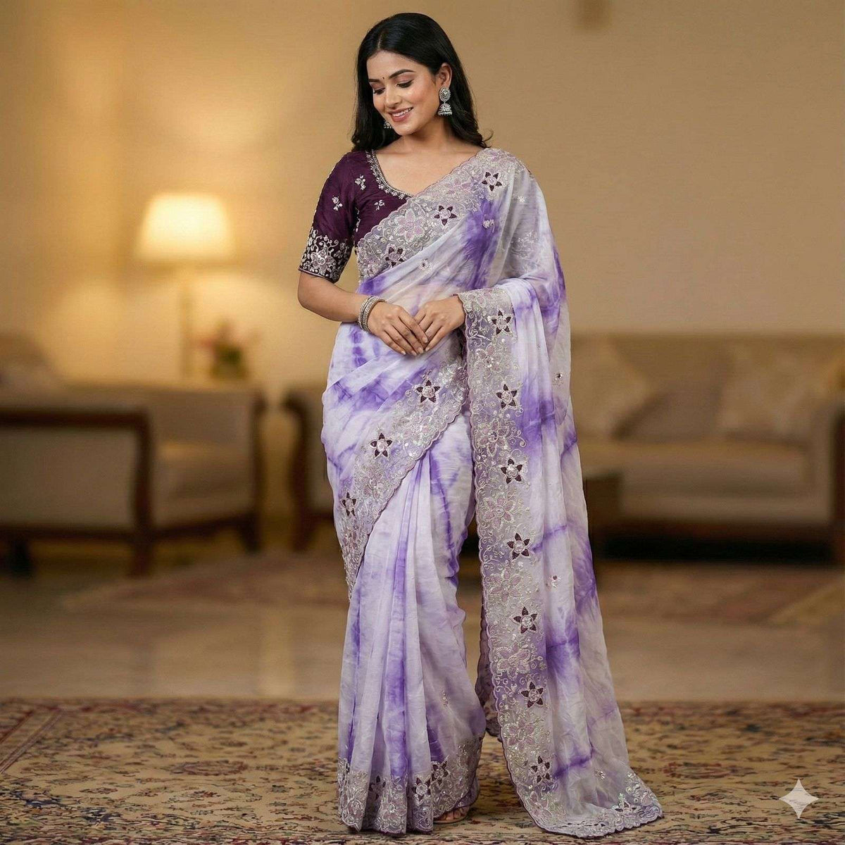 Aarohi Gold Crush Embroidered Saree Set-Purple