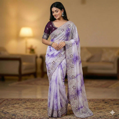 Aarohi Gold Crush Embroidered Saree Set-Purple
