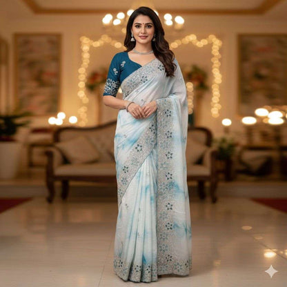 Aarohi Gold Crush Embroidered Saree Set-Blue
