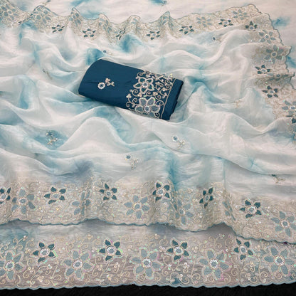 Aarohi Gold Crush Embroidered Saree Set-Blue