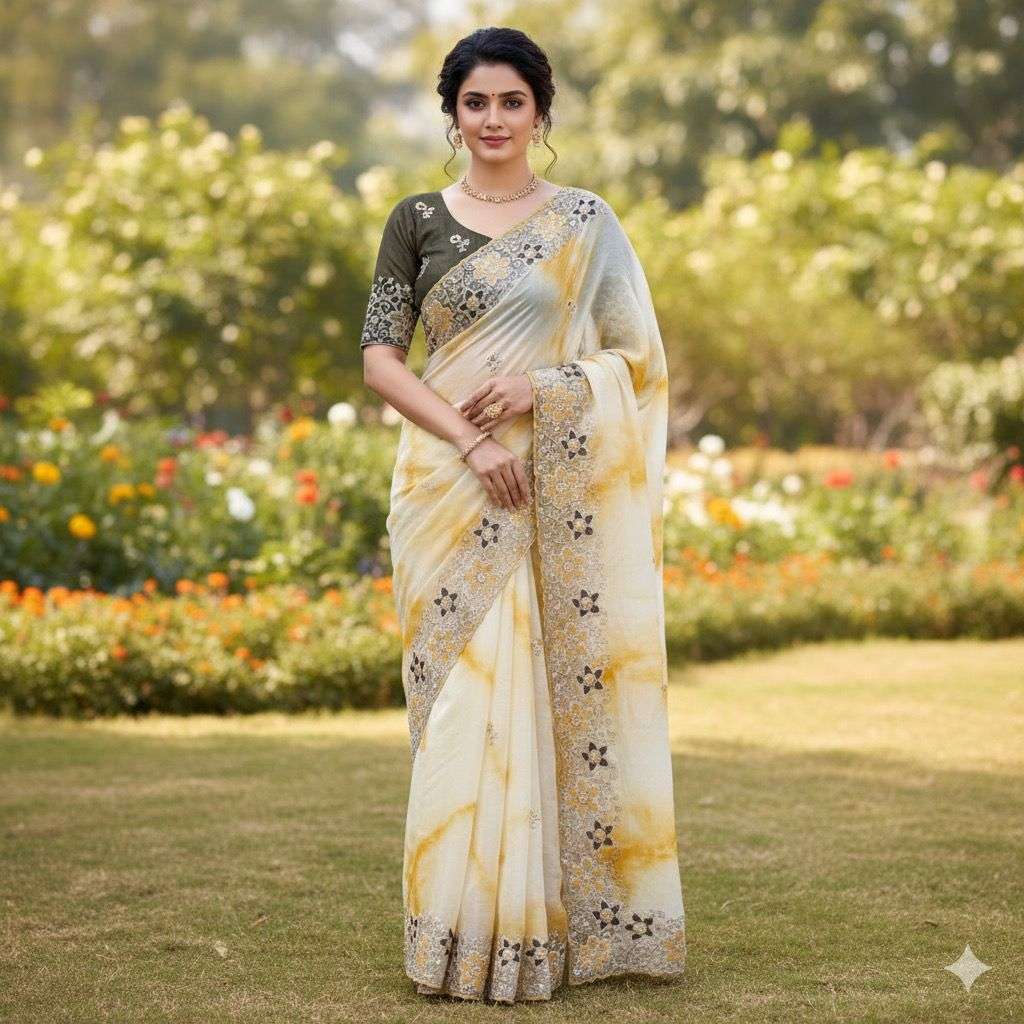Aarohi Gold Crush Embroidered Saree Set-Yellow