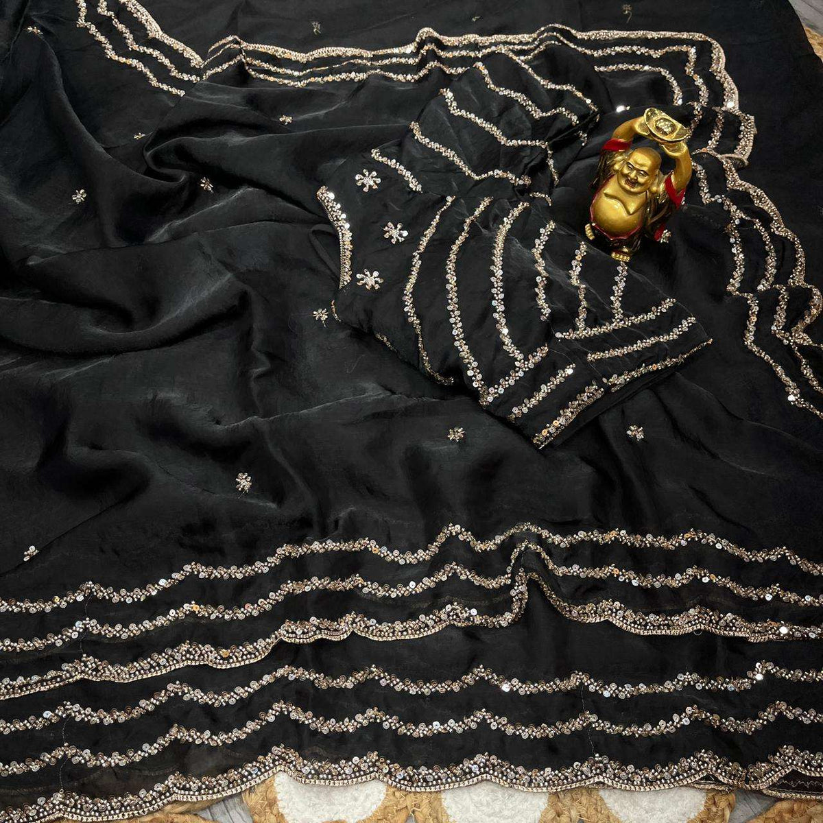 Pure Space Silk Gold Beadwork Saree Set- Black
