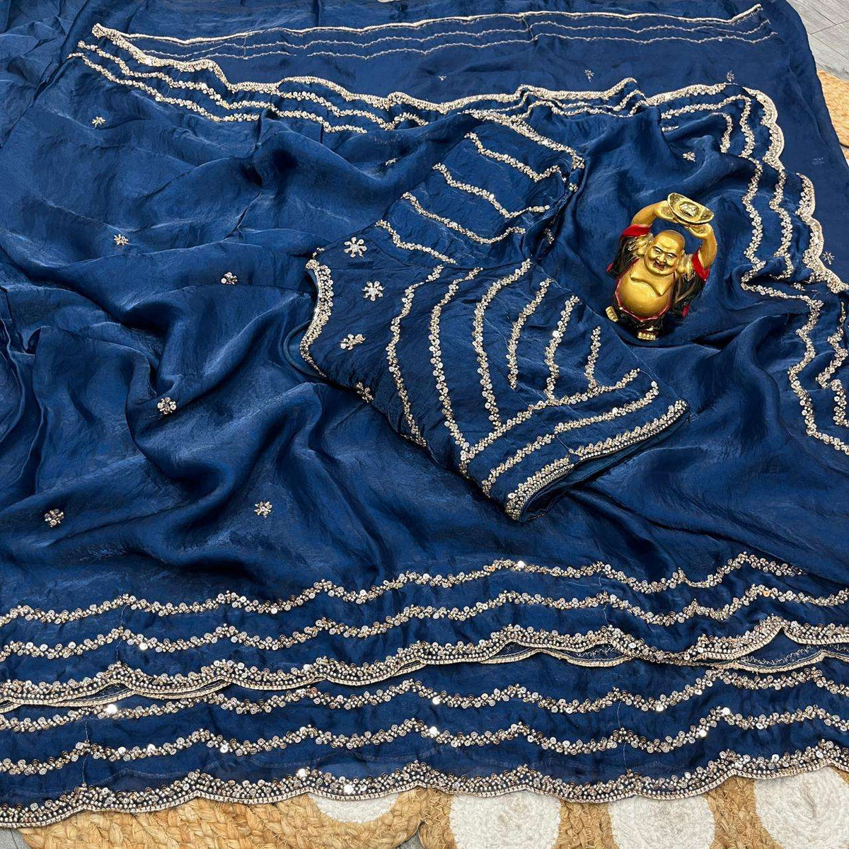 Pure Space Silk Gold Beadwork Saree Set- Royal Blue