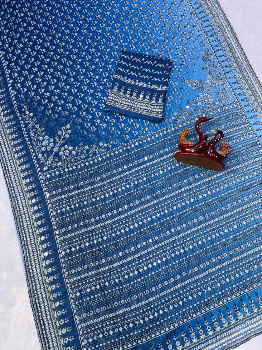 Blue Faux Georgette Mirror Work Saree Set