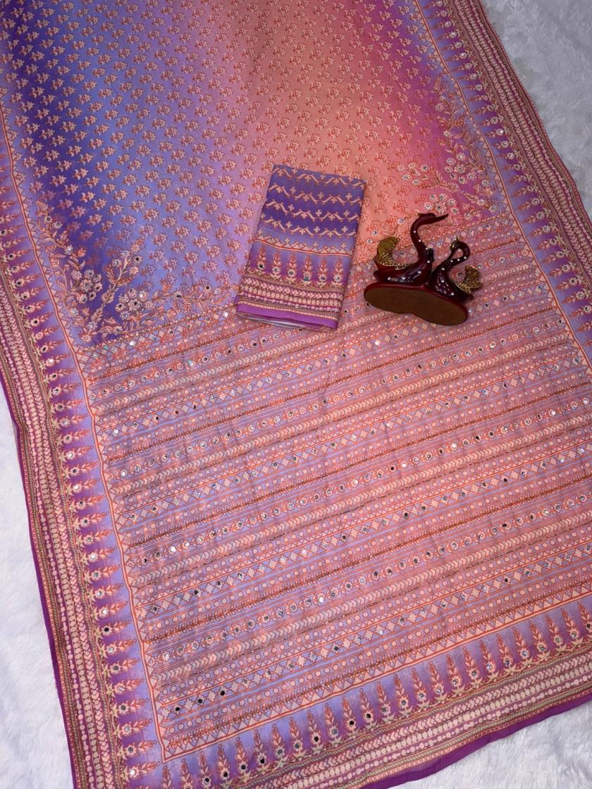 Pink & Lavender Faux Georgette Mirror Work Saree Set