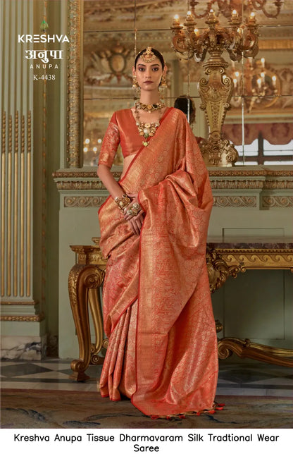 Crimson Bridal Gold Kreshva Anupa Tissue Dharmavaram Silk Saree