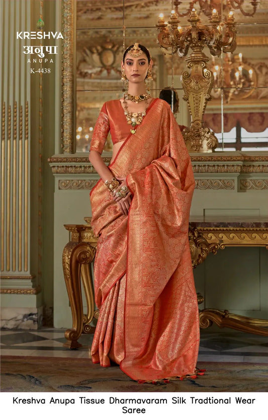 Crimson Bridal Gold Kreshva Anupa Tissue Dharmavaram Silk Saree
