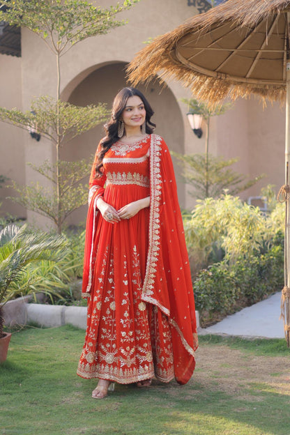 Vermillion Red Embroidered Georgette Gown with Dupatta