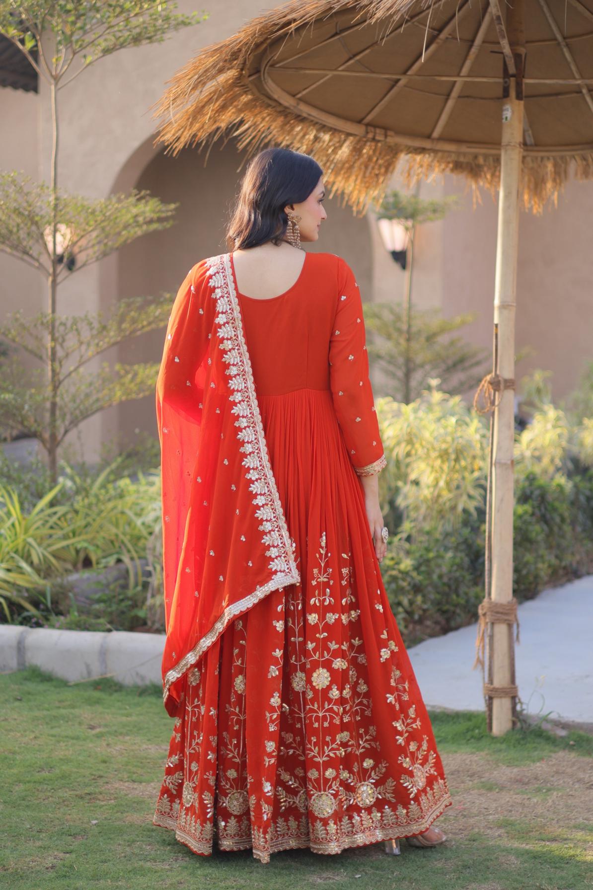 Vermillion Red Embroidered Georgette Gown with Dupatta