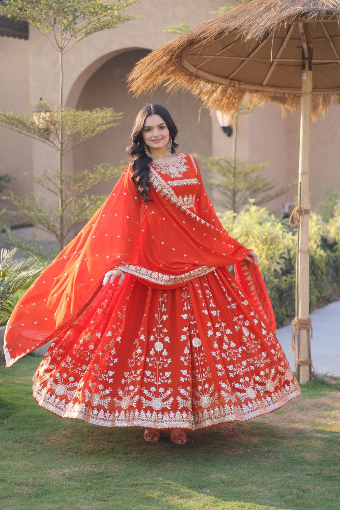 Vermillion Red Embroidered Georgette Gown with Dupatta