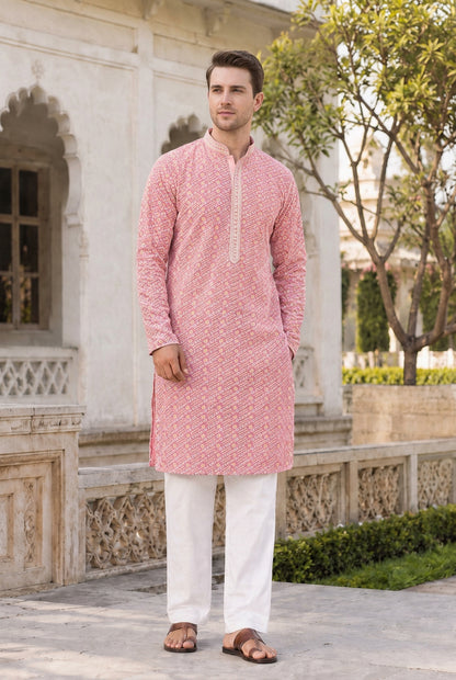 Peach Men’s Chikankari Schiffli Kurta Pyjama Set