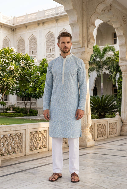 Grey Men’s Chikankari Schiffli Kurta Pyjama Set