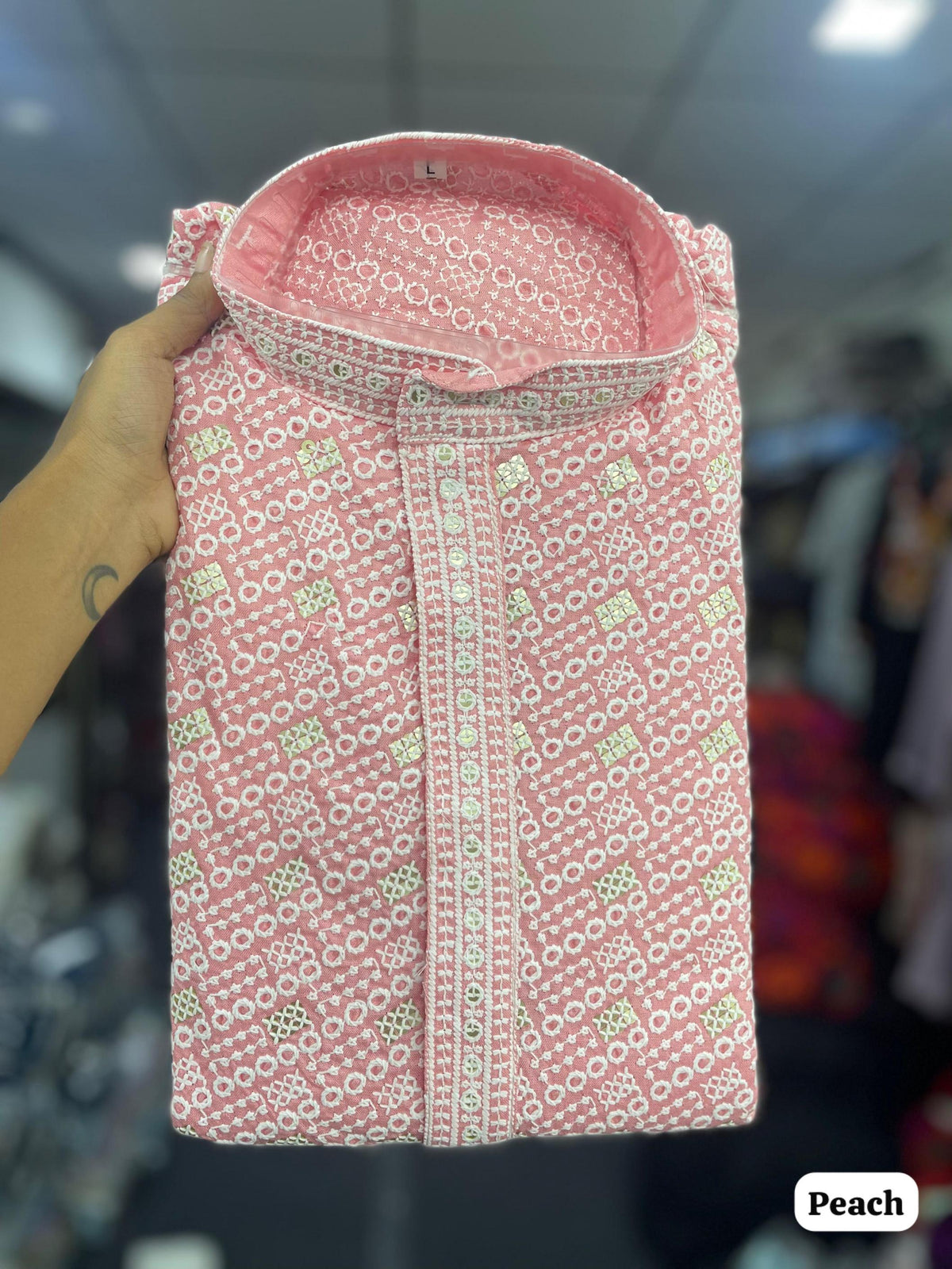Peach Men’s Chikankari Schiffli Kurta Pyjama Set