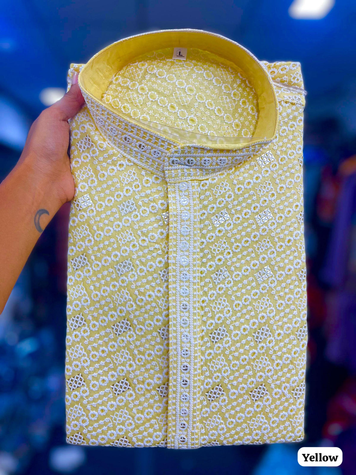 Yellow Men’s Chikankari Schiffli Kurta Pyjama Set