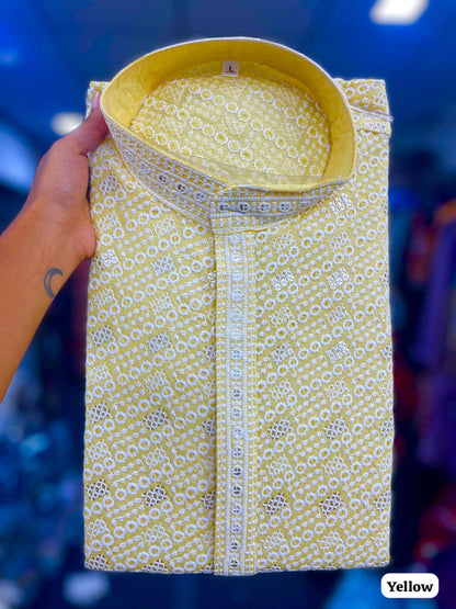 Yellow Men’s Chikankari Schiffli Kurta Pyjama Set