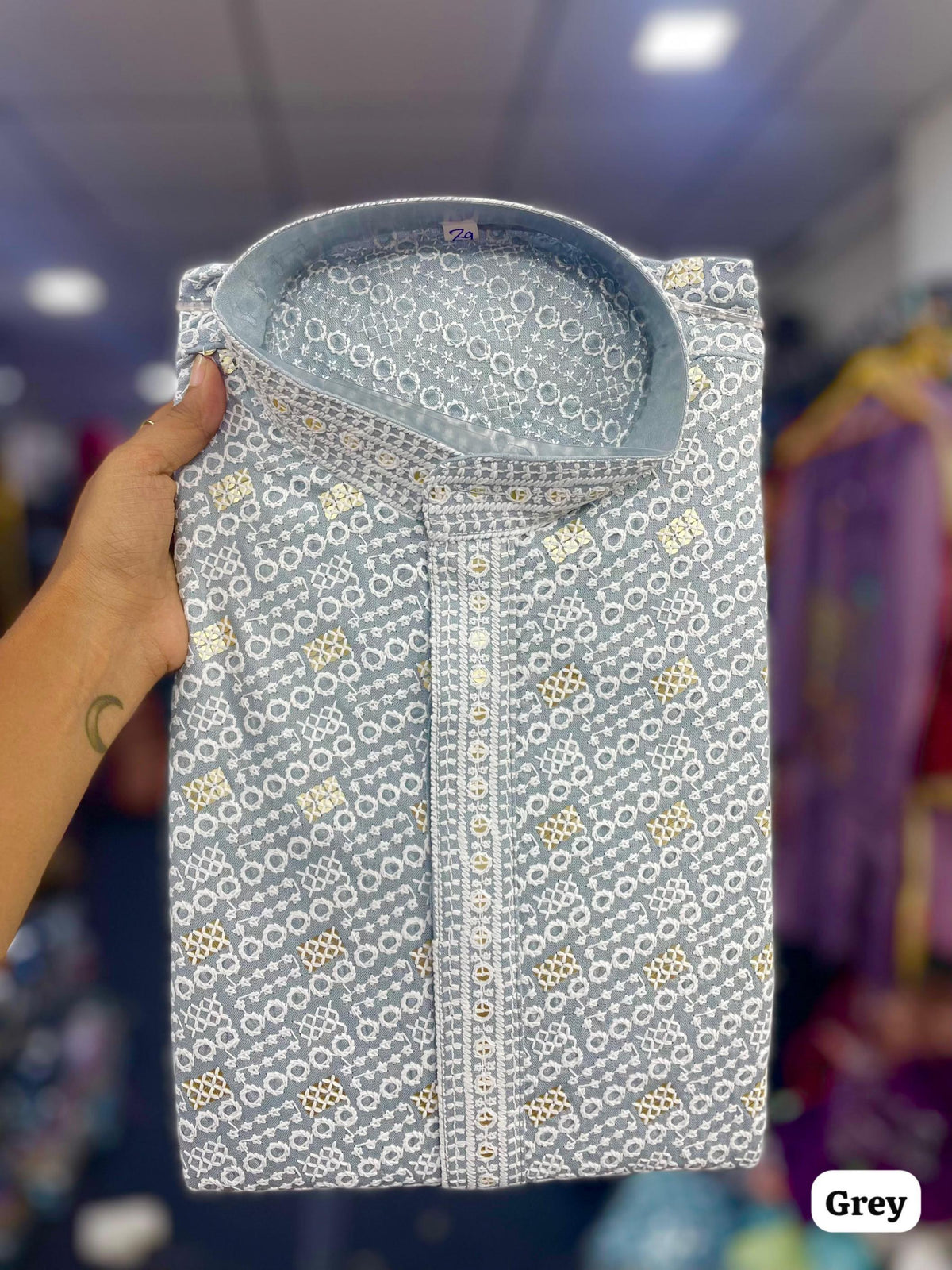 Grey Men’s Chikankari Schiffli Kurta Pyjama Set