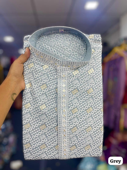 Grey Men’s Chikankari Schiffli Kurta Pyjama Set