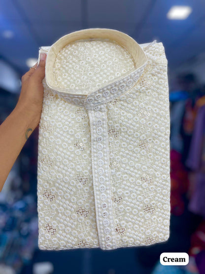 Cream Men’s Chikankari Schiffli Kurta Pyjama Set