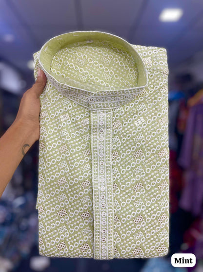 Mint Green Men’s Chikankari Schiffli Kurta Pyjama Set