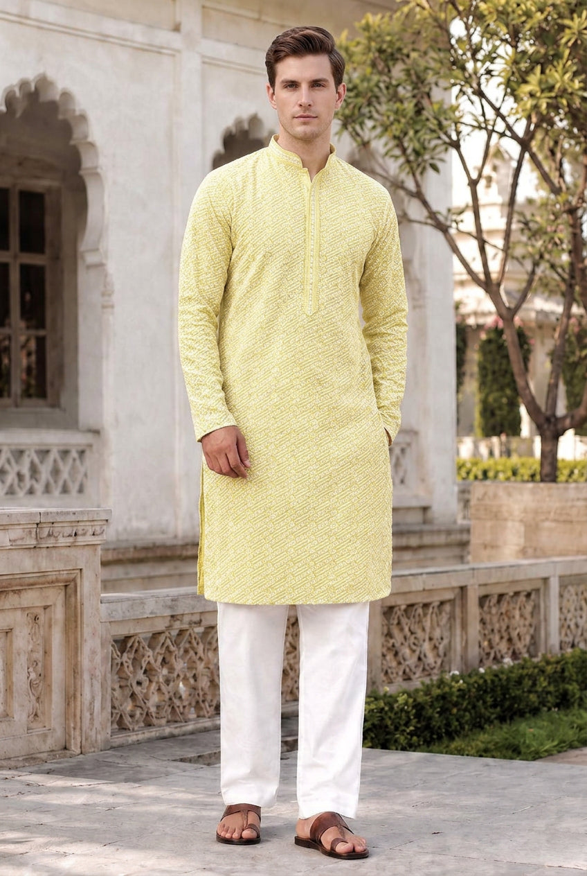 Yellow Men’s Chikankari Schiffli Kurta Pyjama Set