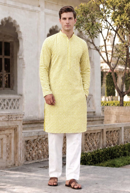 Yellow Men’s Chikankari Schiffli Kurta Pyjama Set