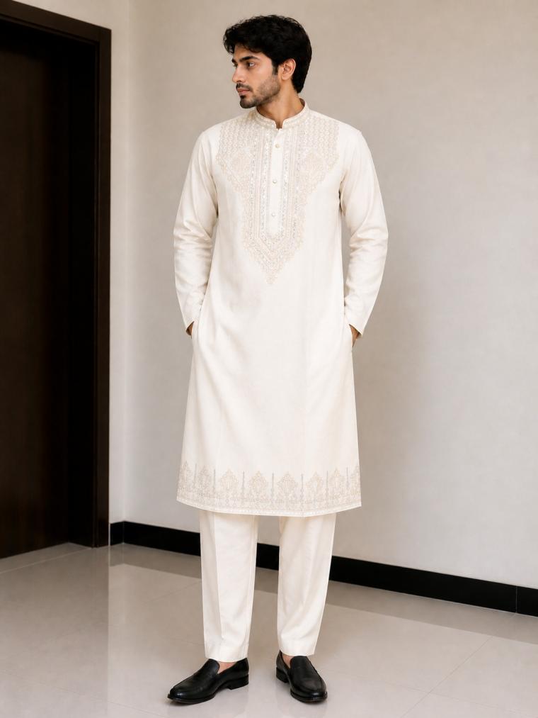White Embroidered Men's Kurta
