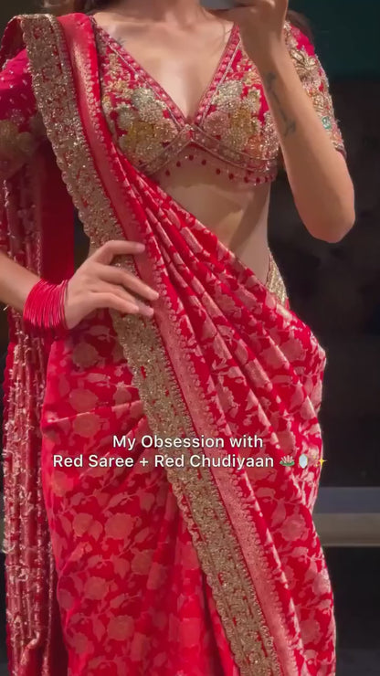 Red Banarasi Jacquard Silk Embroidered Saree Set