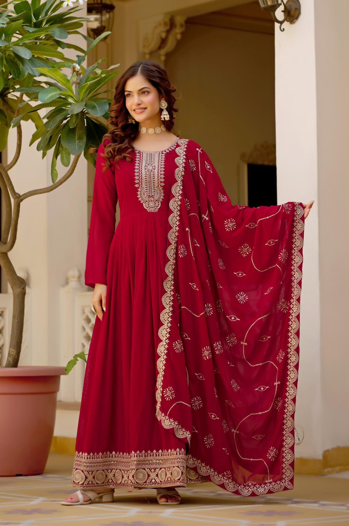 Faux Blooming Embroidered Gown with Dupatta