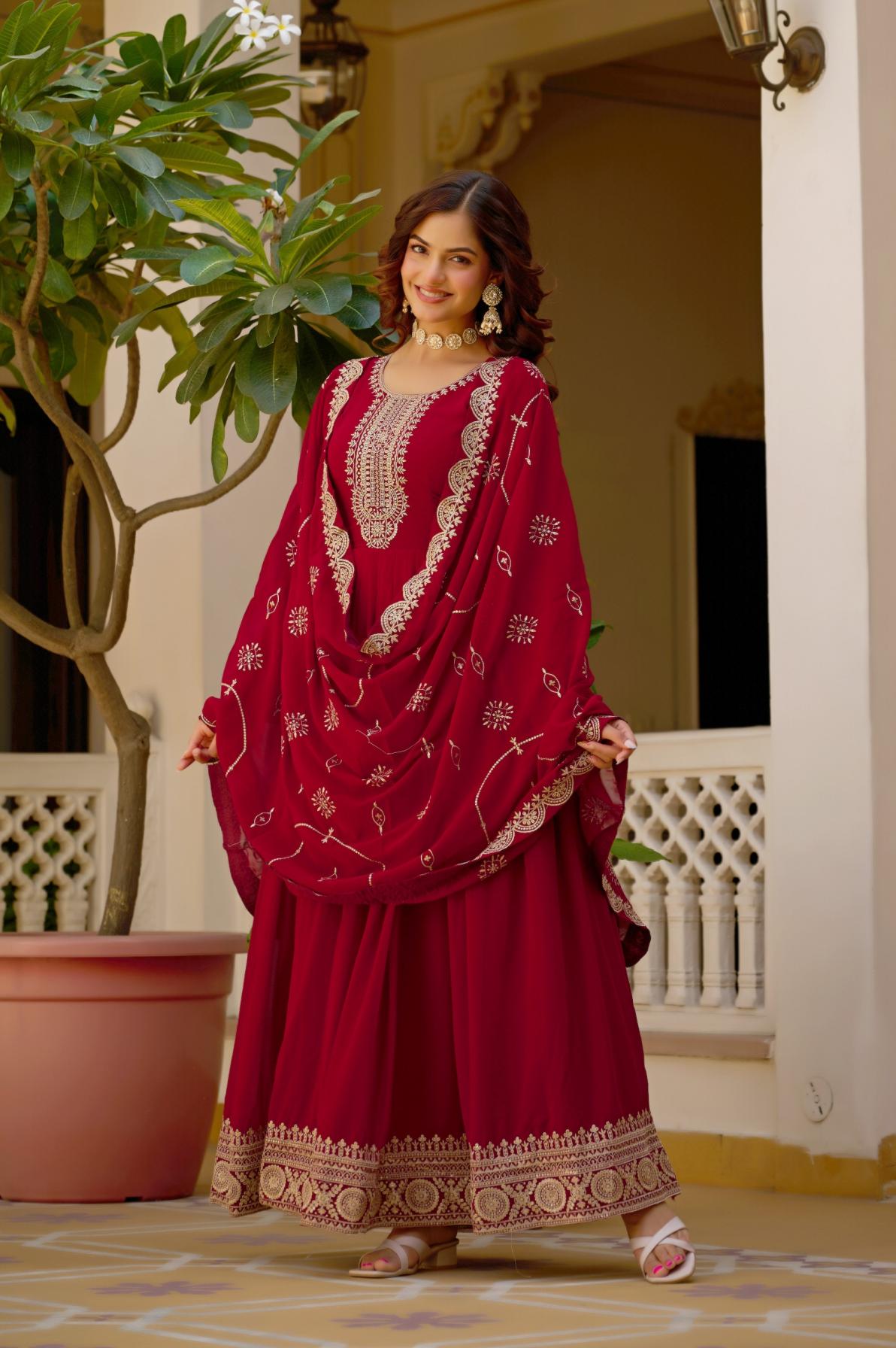 Faux Blooming Embroidered Gown with Dupatta