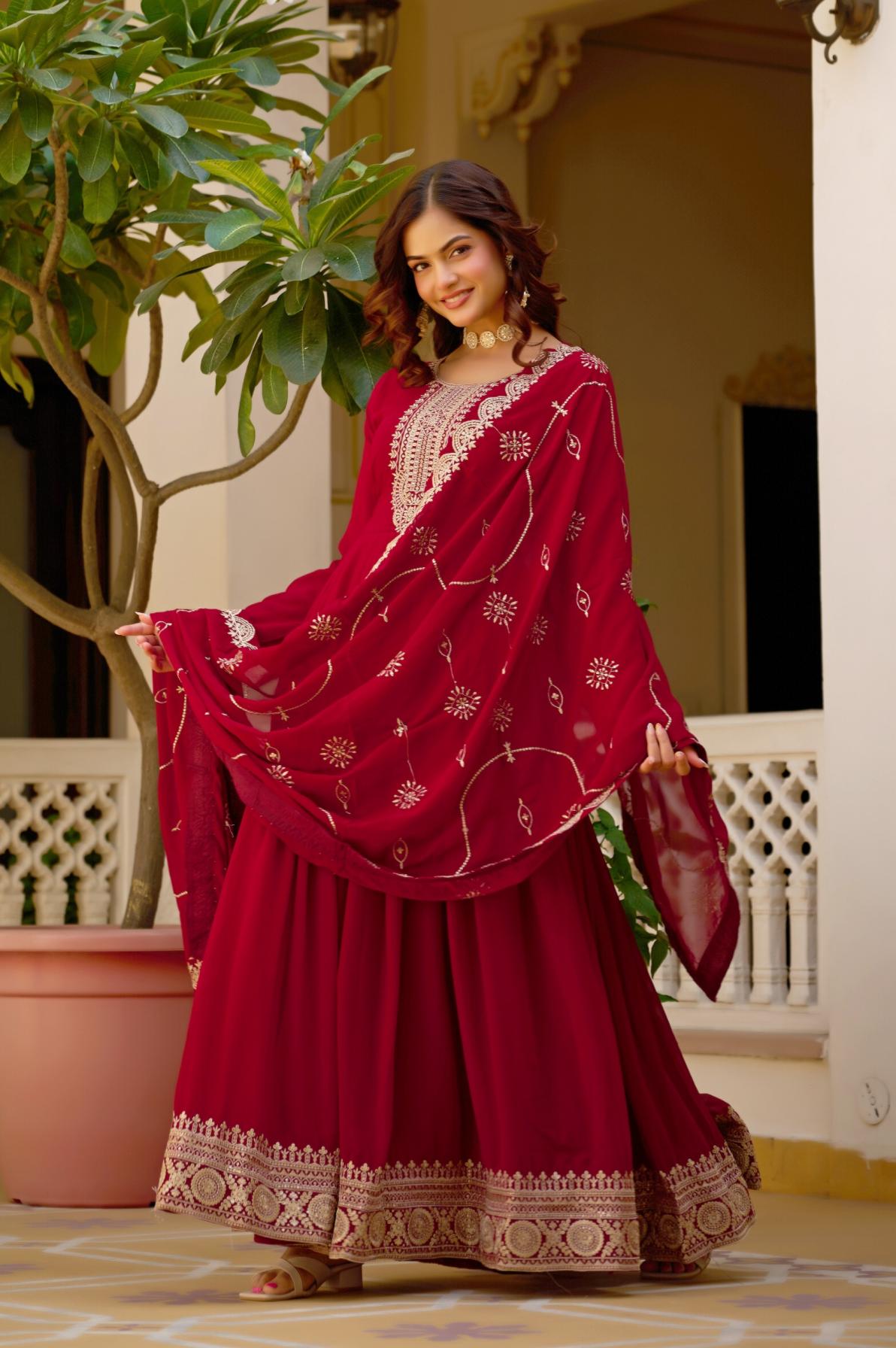Faux Blooming Embroidered Gown with Dupatta