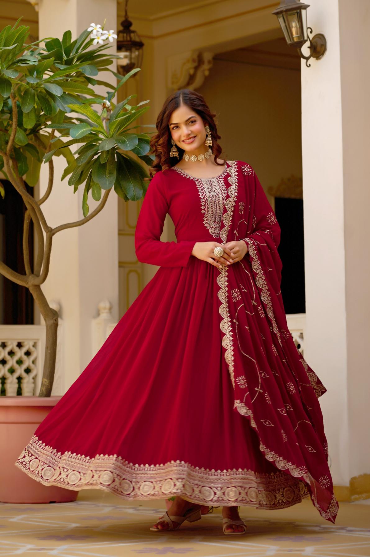 Faux Blooming Embroidered Gown with Dupatta