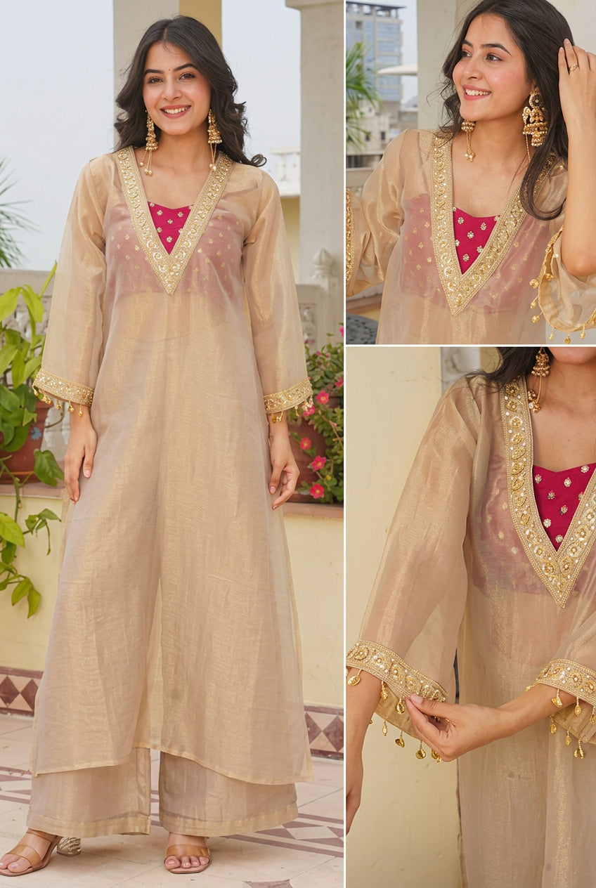 Golden Tissue Embroidered Kurta Palazzo 3-Piece Set