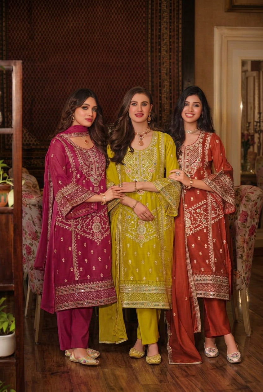 Deep Magenta Embroidered Organza Pakistani Palazzo Suit