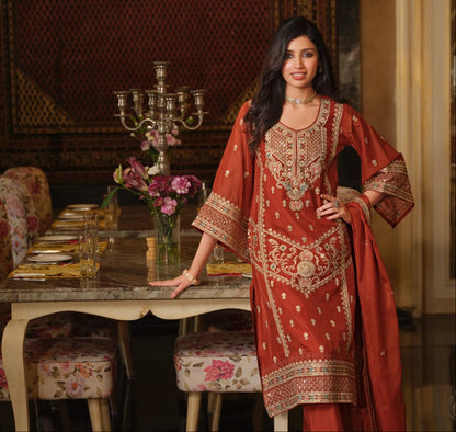 Rust Orange Embroidered Organza Pakistani Palazzo Suit