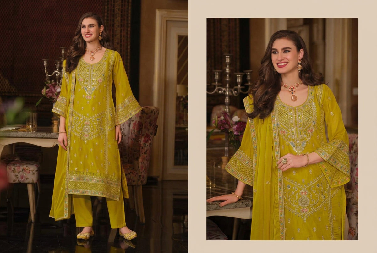 Mustard Yellow Embroidered Organza Pakistani Palazzo Suit