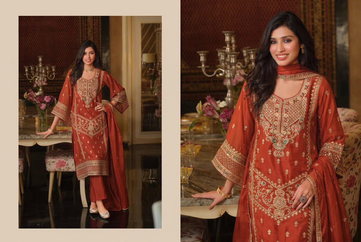 Rust Orange Embroidered Organza Pakistani Palazzo Suit