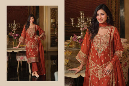Rust Orange Embroidered Organza Pakistani Palazzo Suit