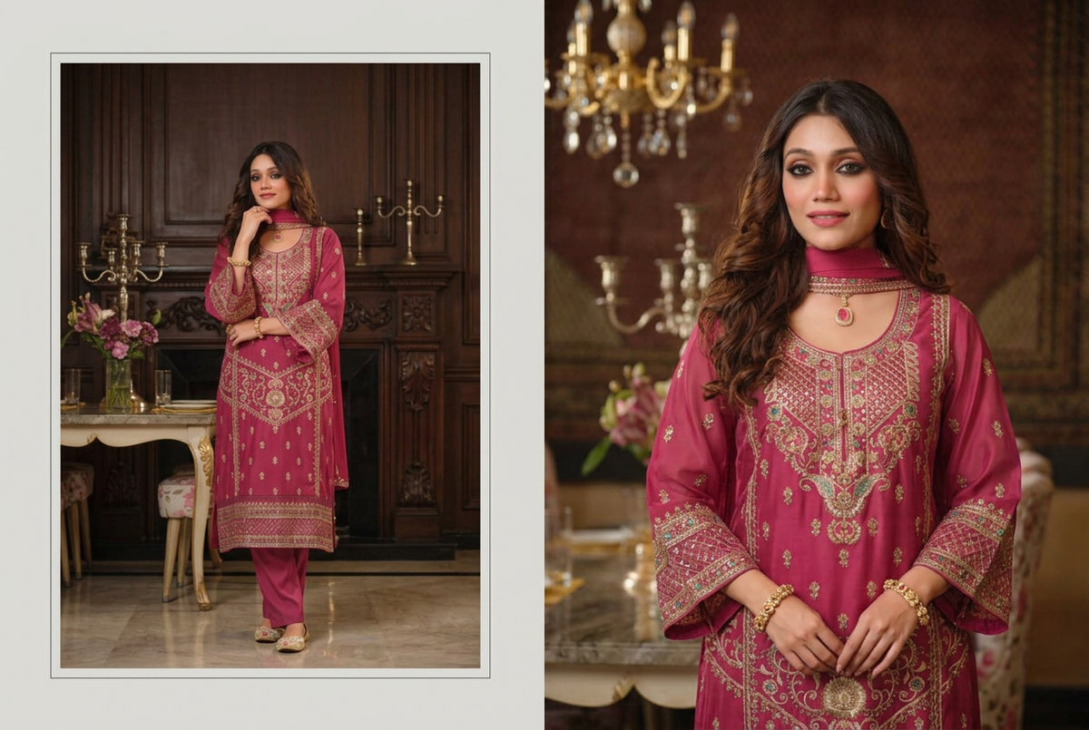 Deep Magenta Embroidered Organza Pakistani Palazzo Suit